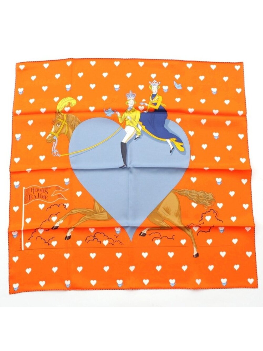 Hermes Carre 70 Silk Tea Time All Over Print Scarf Heart Horse Orange